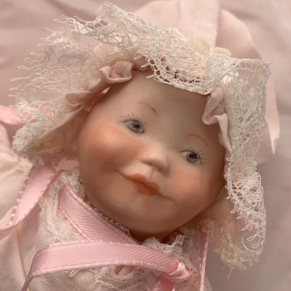 Holly Hunt Repro 6” Newborn Doll with Soft Body Pink Outfit and Blanket